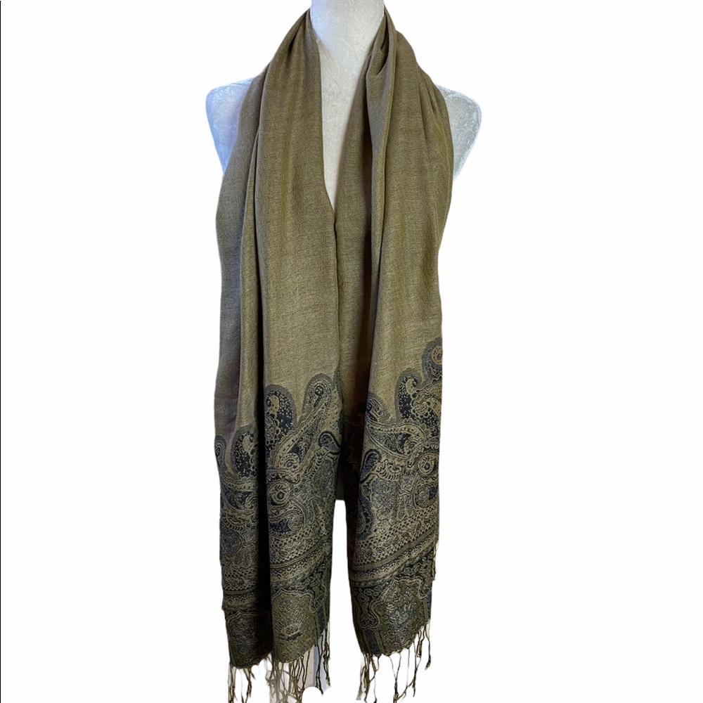 Large Green Multi Border Fringed Shawl Wrap